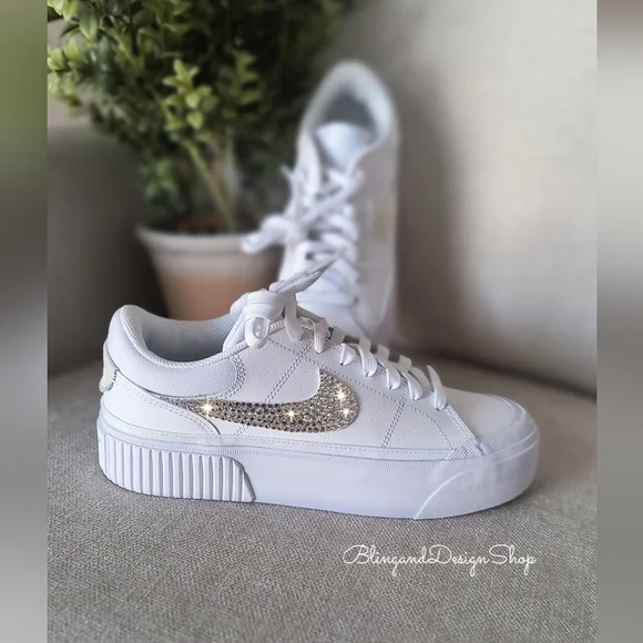 Women's Nike Court Legacy Lift White Sneakers Customized With Clear Crystals - Picture 4 of 8